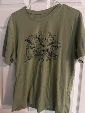 SHEIN Olive Green Short Sleeve Tee with Black Frog & Mushroom Graphic